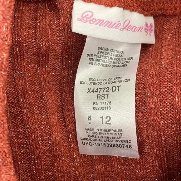 Bonnie Jean Girls Sweater Dress 12 Rust Metallic Thread Matching Necklace Tiered - Picture 2 of 10